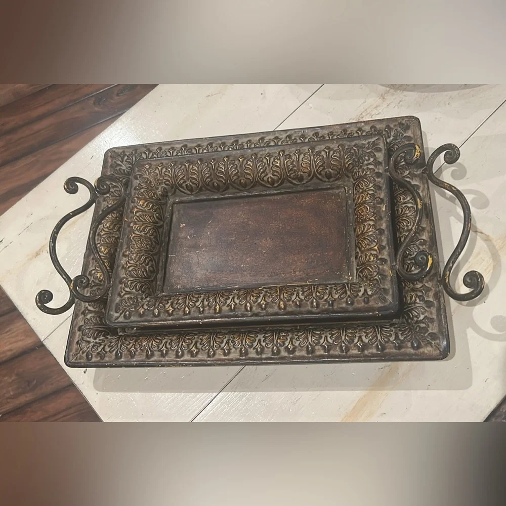 Antique-Style Brown and Gold Decorative Tray Set